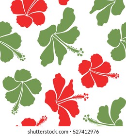 Vector illustration on a white background. Summer hawaiian seamless pattern with tropical plants and hibiscus flowers in green and red colors.