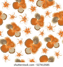 Vector illustration on a white background. Summer hawaiian seamless pattern with tropical plants and hibiscus flowers in brown, orange and beige colors.