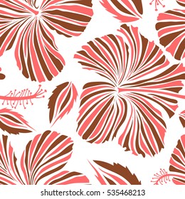 Vector illustration on a white background. Summer hawaiian seamless pattern with tropical plants and hibiscus flowers in white and brown colors.