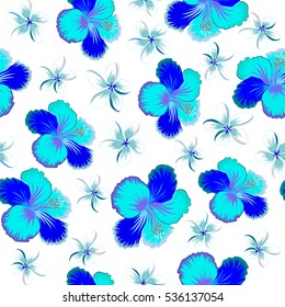 Vector illustration on a white background. Summer hawaiian with tropical plants and hibiscus flowers in neutral, violet and blue colors.