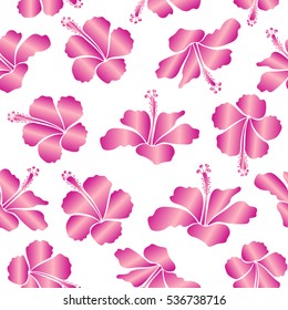 Vector illustration on a white background. Summer hawaiian seamless pattern with tropical plants and hibiscus flowers in neutral and magenta colors.