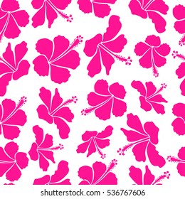 Vector illustration on a white background. Summer hawaiian with tropical plants and hibiscus flowers in magenta colors.