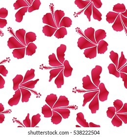 Vector illustration on a white background. Summer hawaiian seamless pattern with tropical plants and hibiscus flowers in red and pink colors.