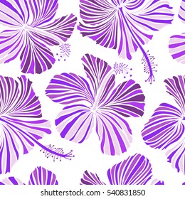 Vector illustration on a white background. Summer hawaiian seamless pattern with tropical plants and hibiscus flowers in purple, neutral and violet colors.