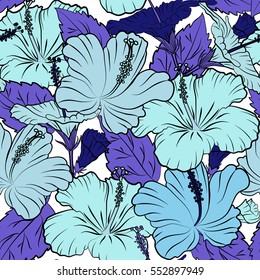 Vector illustration on a white background. Summer hawaiian seamless pattern with tropical plants and hibiscus flowers in violet and blue colors.