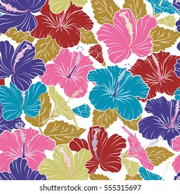 Vector illustration on a white background. Summer hawaiian seamless pattern with tropical plants and hibiscus flowers in yellow, violet and red colors.