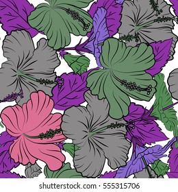 Vector illustration on a white background. Summer hawaiian seamless pattern with tropical plants and hibiscus flowers in pink, violet and green colors.