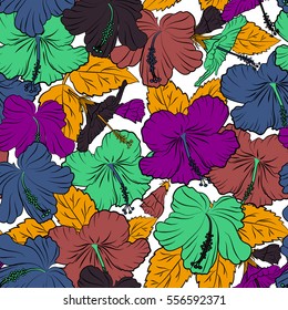 Vector illustration on a white background. Summer hawaiian seamless pattern with tropical plants and hibiscus flowers in purple, yellow and pink colors.