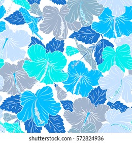 Vector illustration on a white background. Summer hawaiian seamless pattern with tropical plants and hibiscus flowers in blue colors.
