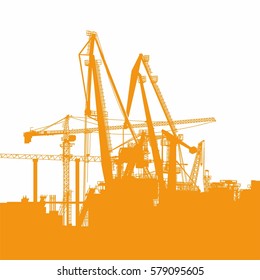 Vector illustration on white background, orange of construction, buildings, cranes and pouring concrete. Silhouettes of concrete pumps truck on building site, fill armatures