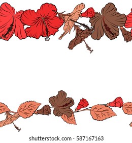 Vector illustration on white background. Horizontal summer hawaiian seamless pattern with tropical plants and hibiscus flowers in orange, brown and red colors with copy space (place for your text).
