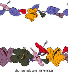 Vector illustration on white background. Horizontal summer hawaiian seamless pattern with tropical plants and hibiscus flowers in violet, yellow and red colors with copy space, place for your text.