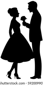 Vector illustration on a white background silhouette of a man in love presents a woman a bouquet of flowers