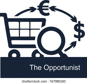 Vector illustration on white background of the concept of the activities of opportunists in business. Opportunistic entrepreneur is looking for ways to quickly earn big money in different currencies
