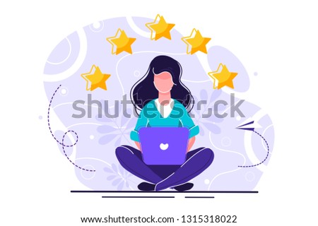 vector illustration on white background. the best estimate of performance, the score of five points. people leave feedback and comments, successful work is the highest score.