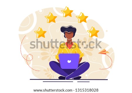 vector illustration on white background. the best estimate of performance, the score of five points. people leave feedback and comments, successful work is the highest score.