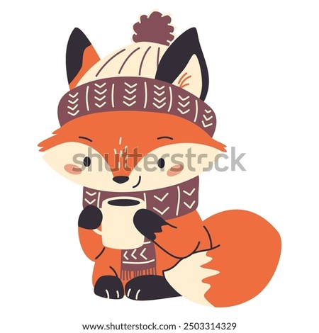 Vector illustration on white background in children's style. Cute fox drinking tea in a hat and scarf. Cute winter illustration 