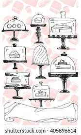 Vector illustration  on white bakery pattern background , hand drawn celebration set of  cake stands. Perfect for menu, invitations, decor and backgrounds for birthdays and weddings