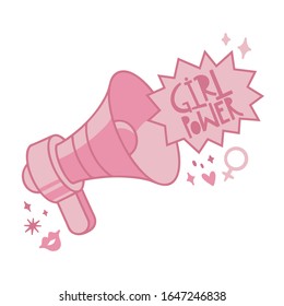 Vector illustration on a white isolated background, the words "Girl Power" Fly out of a megaphone, print for printing on T-shirts, cards, invitations, social media for the feminist community.