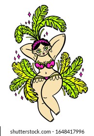 Vector illustration on white isolated background. Brazilian girl dancing the national samba dance at the carnival. Print for souvenirs, t-shirts, cards, invitations banners, and other advertising.