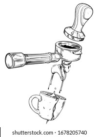 Vector illustration on a white isolated background. Coffee flows into a coffee mug. Print for t-shirt, decoration cafe, menu, poster or postcard design. Black and white vintage freehand drawing.
