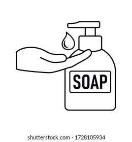 Vector illustration on a white isolated background - hands soap. Hand soap glyph icon. Silhouette symbol. Liquid antibacterial soap. Hands disinfection. 