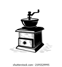 Vector illustration on a white isolated background. Coffee flows into a coffee mug. Print for t-shirt, decoration cafe, menu, poster or postcard design. Black and white vintage freehand drawing.