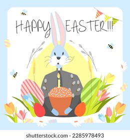 Vector illustration on a white isolated background with an Easter bunny priest holding an Easter bun