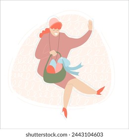 Vektor-Illustration auf einem weißen isolierten Hintergrund mit einer Frau, die aus einem Geschäft mit einem Korb von Ostereiern geht.