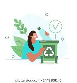 Vector illustration on a white isolated background with a girl holding a plastic bottle in her hands and throwing the bottle into the trash bin. Sorting waste and caring for the environment.