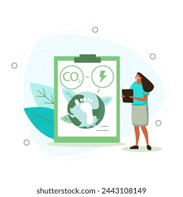 Vector illustration on a white isolated background with a girl holding in her hands a document on the statistics of carbon dioxide emissions into the atmosphere and making up a plan for caring for the