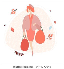 Vector illustration on a white isolated background with a woman walking from a store with a basket of Easter eggs.