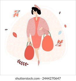 Vector illustration on a white isolated background with a woman walking from a store with a basket of Easter eggs.