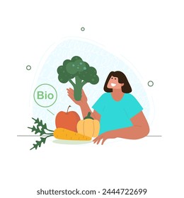 Vector illustration on a white isolated background on the theme of ecology and environmental protection. A girl and biologically pure products without additives or preservatives.