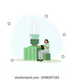 Vector illustration on a white isolated background with a girl sitting on an ottoman and monitoring electricity indicators. Flat illustration on the theme of electricity.