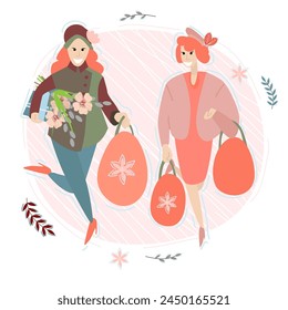 Vector illustration on a white isolated background with a girls walking from a store with a basket of Easter eggs.