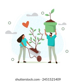 Vector illustration on a white isolated background with people planting trees. Flat illustration on the theme of ecology. Greening the planet