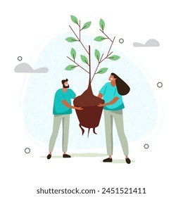 Vector illustration on a white isolated background with people planting trees. Flat illustration on the theme of ecology. Greening the planet