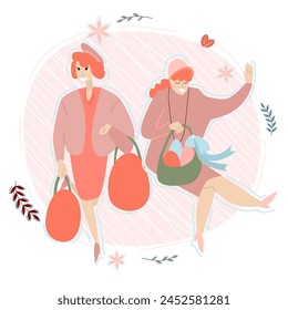 Vector illustration on a white isolated background with a girls walking from a store with a basket of Easter eggs.