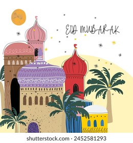 Vector illustration on a white isolated background with people celebrating Ramadan and a Muslim mosque