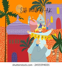 Vector illustration on a white isolated background with people celebrating Ramadan and a Muslim mosque