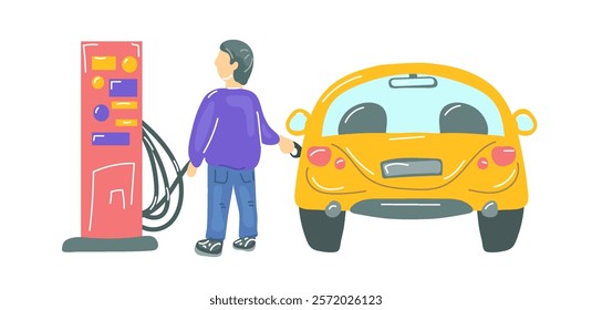 Vector illustration on white isolated background. Man refueling car at gas station. Fuel for car. Cartoon flat style.