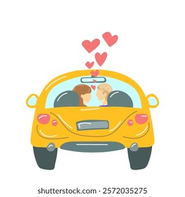 vector illustration on white isolated background. couple in love, newlyweds in car, rear view. postcard for Valentine's Day, wedding invitation. couple in love travel, date