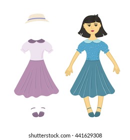 Vector illustration on white paper. Paper Doll with beautiful dress. Japanese style. France style. Blue, burgundy, Marsala, beige, yellow. Girl with a set of clothes for her