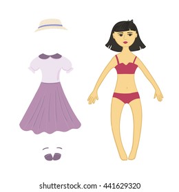 Vector illustration on white paper. Paper Doll with beautiful dress. Japanese style. France style. Blue, burgundy, Marsala, beige, yellow. Girl with a set of clothes for her