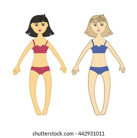 Vector illustration on white paper. Paper Doll. Japanese style. France style. Blue, burgundy, Marsala, beige, yellow. Female figures set template