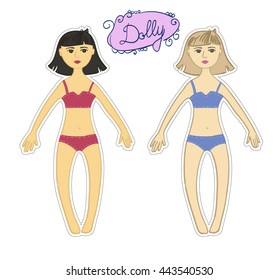 Vector illustration on white paper. Paper Doll. Japanese style. France style. Blue, burgundy.  Female figures set template. Inscription by hand.