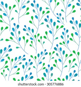 Vector illustration on white with pattern of leaves. Seamless floral green and blue background.