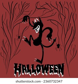 Vector illustration on a white, red and green background for the day of Halloween with the image of mystical tree branches, spiders and a creepy devil with a tail, and inscription
