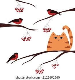Vector illustration on a winter theme with the image of bullfinches, mountain ash and a red cat